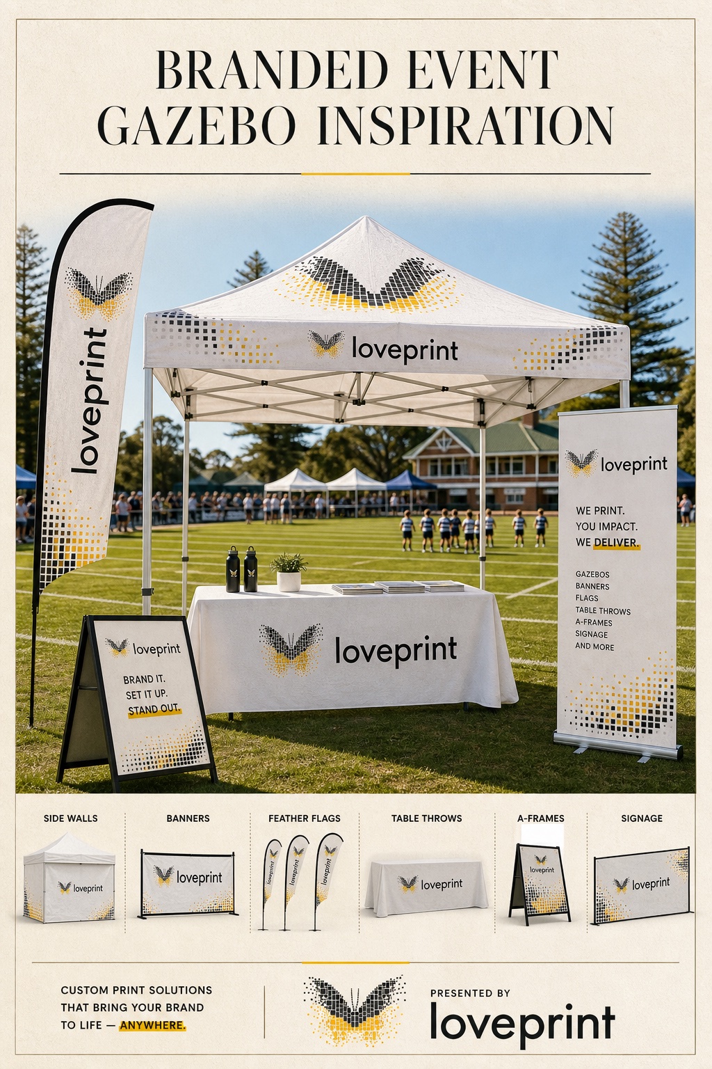 Loveprint inspiration card for a white branded gazebo at a school sports day.