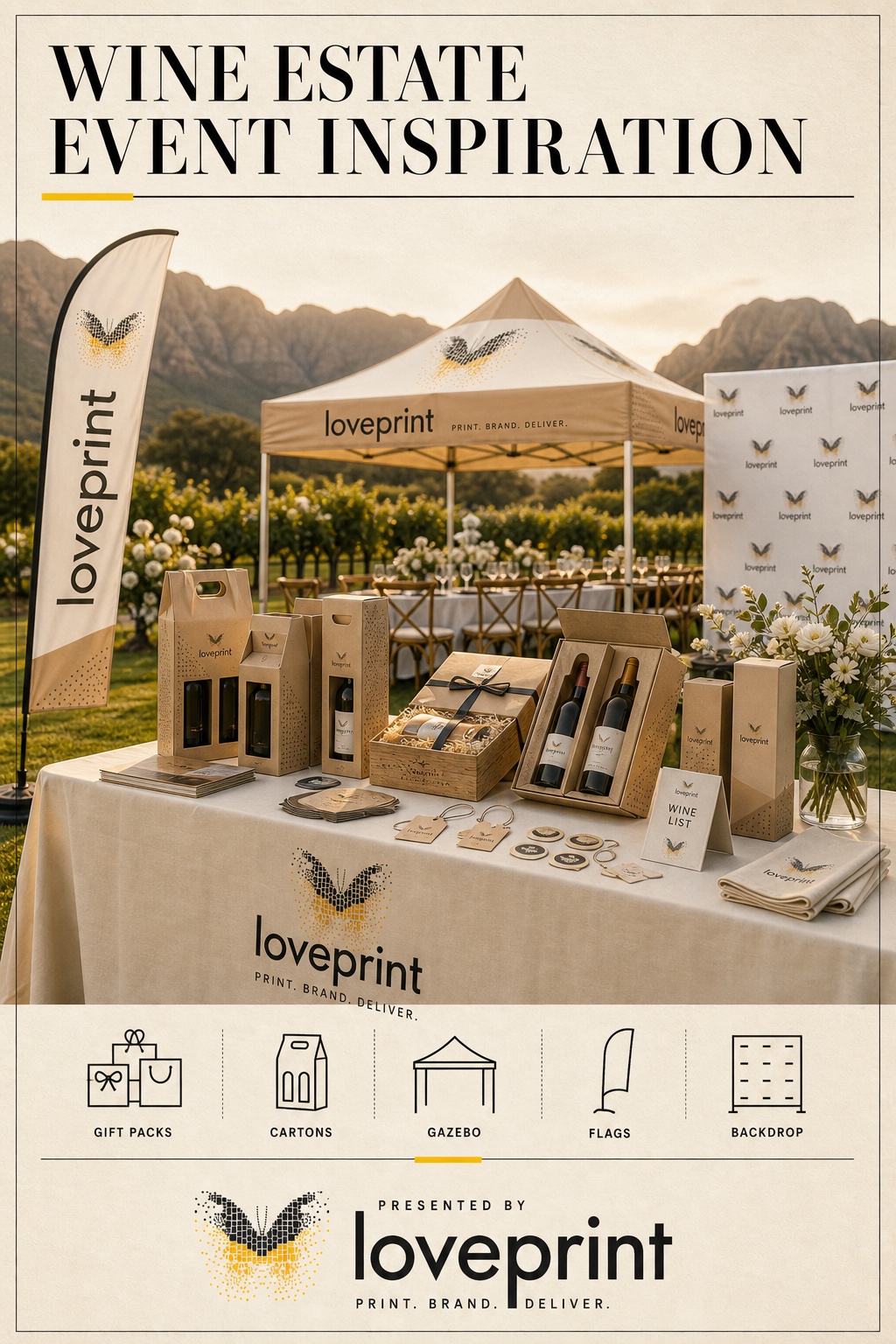 Loveprint inspiration card for wine estate event packaging.