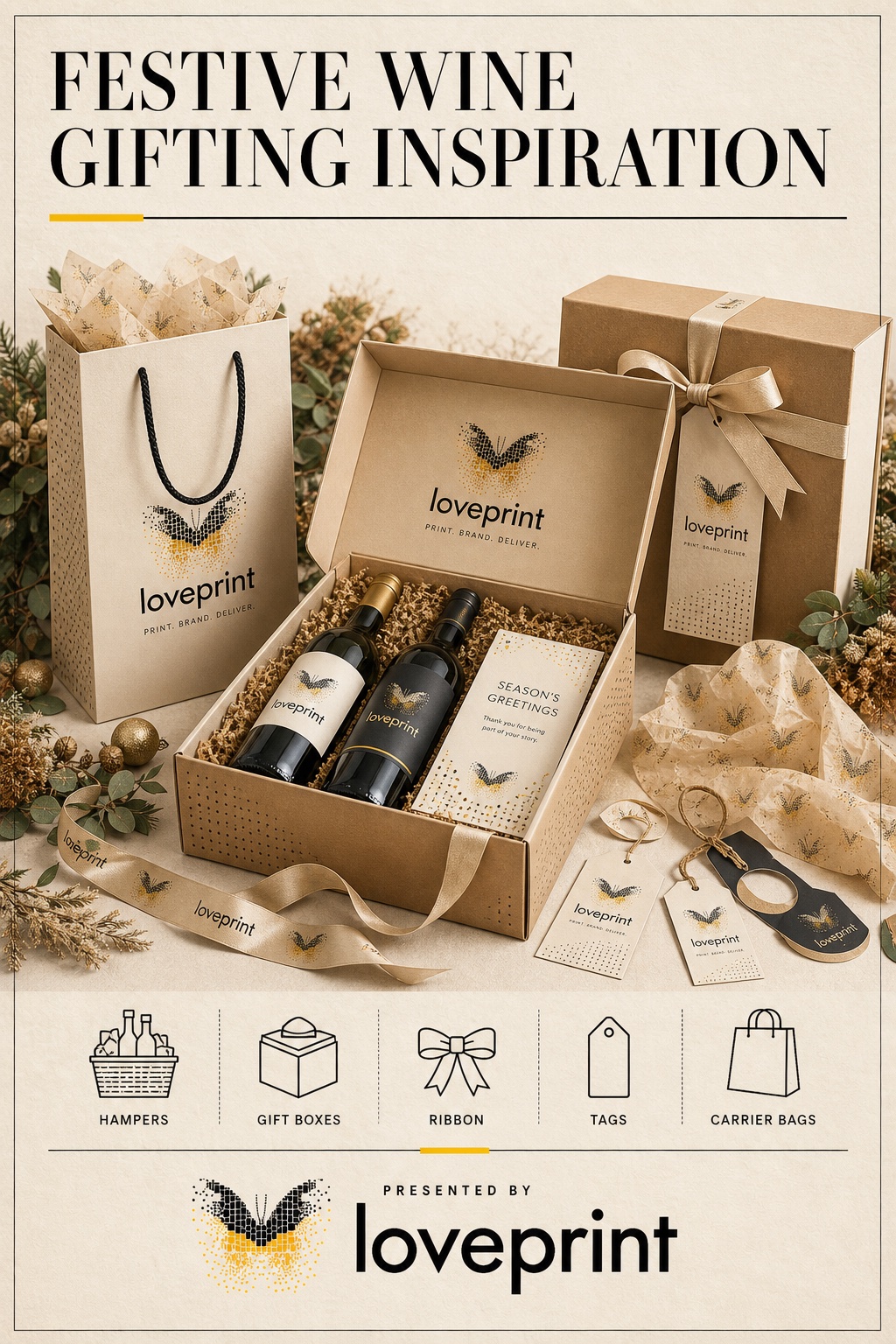 Loveprint inspiration card for festive wine gift packaging.
