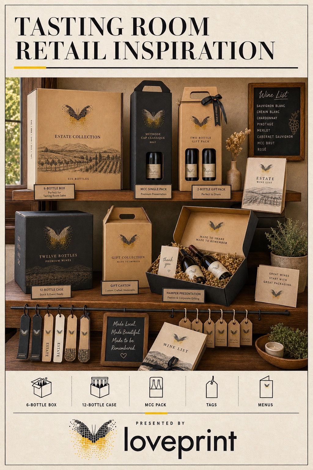 Loveprint inspiration card for wine tasting-room retail packaging.