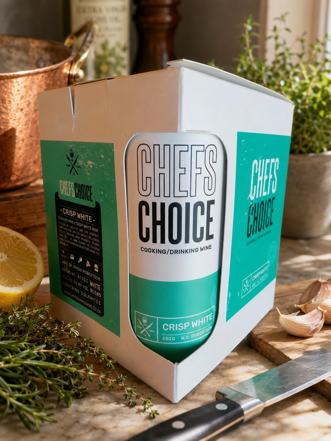 Chefs Choice Wine W.O. Robertson cooking wine — four-pack carton restaged portfolio piece.
