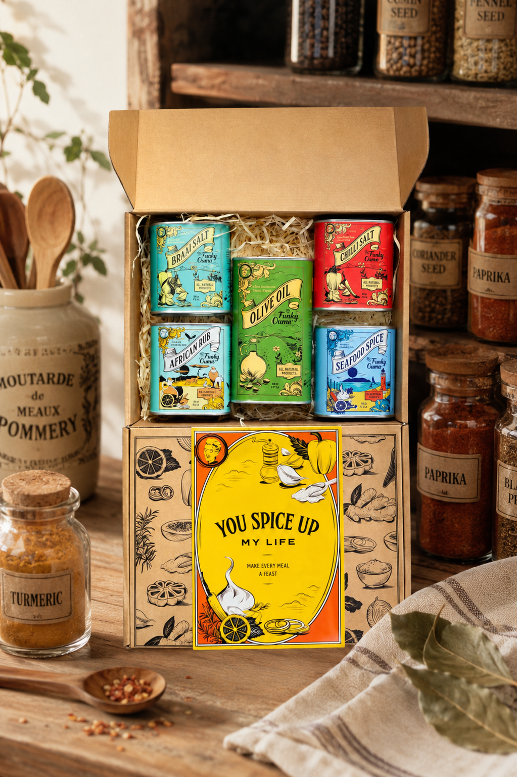 Funky Ouma You Spice Up My Life — gift-box sleeve restaged portfolio piece.