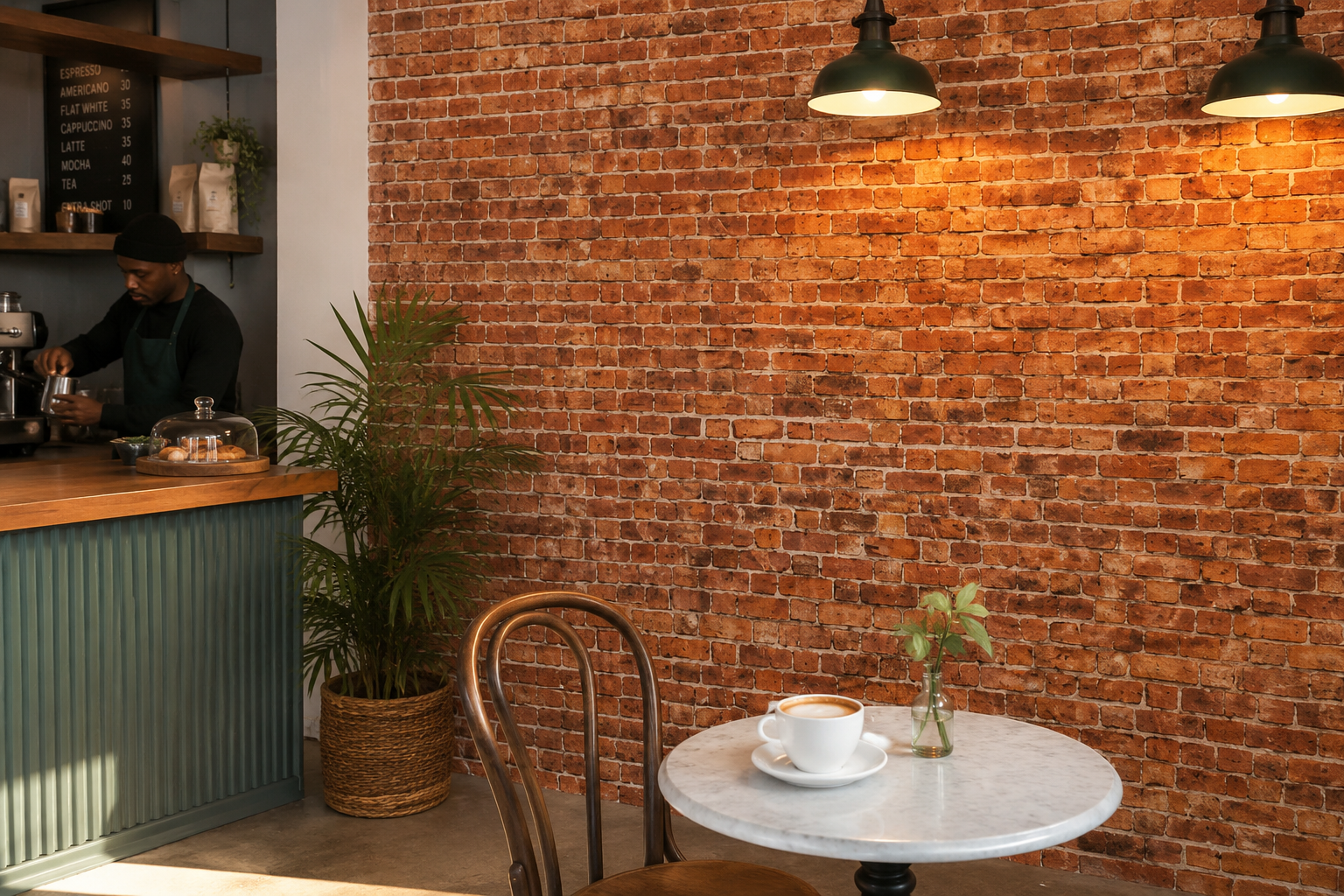 Commercial interior Brick-effect wall install restaged portfolio piece.