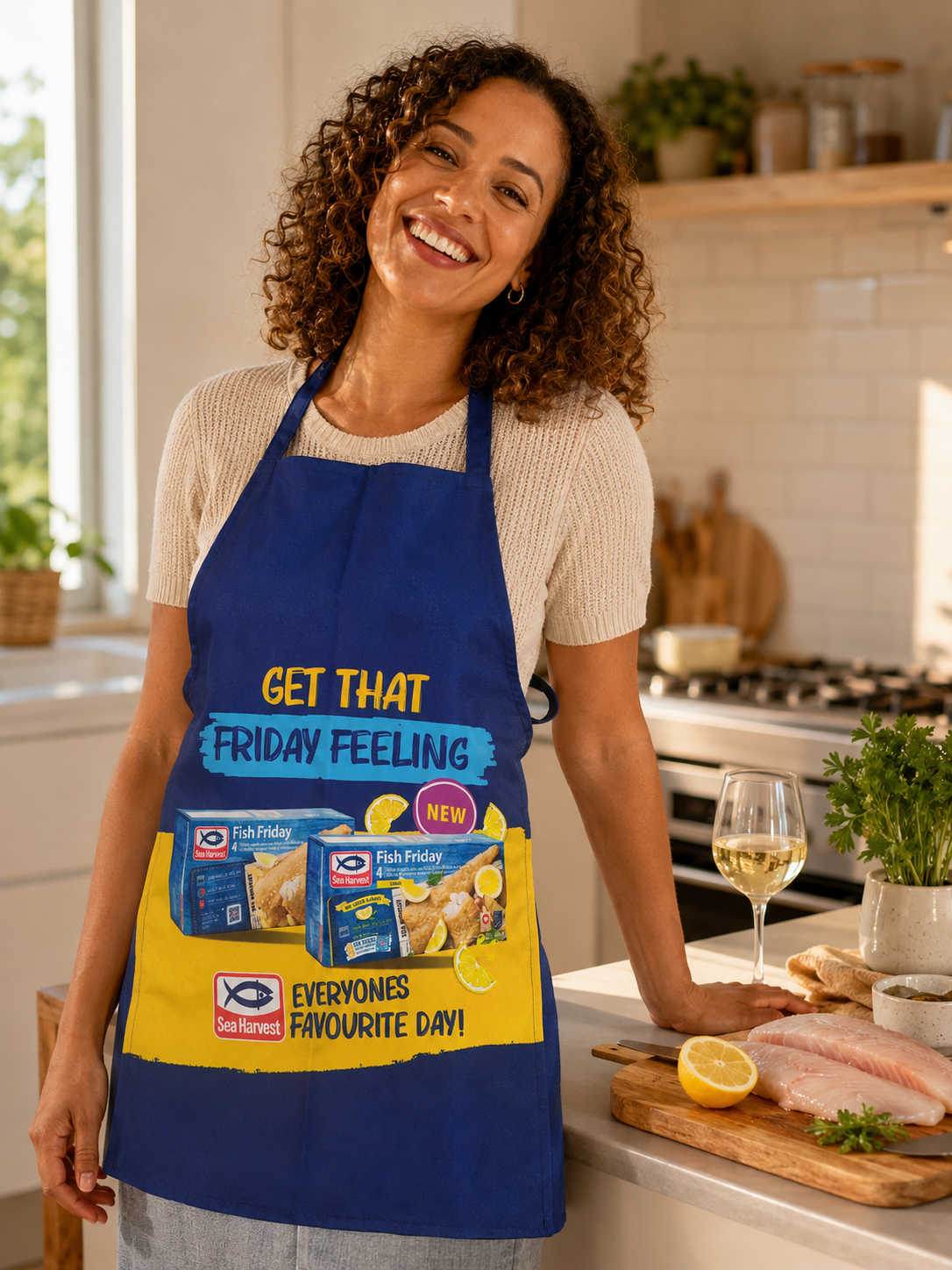 Sea Harvest Fish Friday — branded apron restaged portfolio piece.